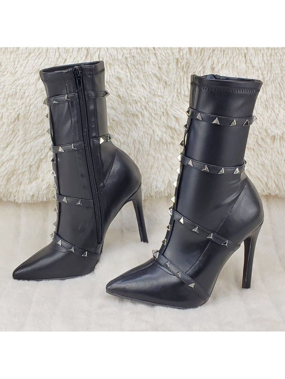 Mark Sexy Stud Strap High Heel Pointy Toe Ankle Boots Black Stretch PU Leather